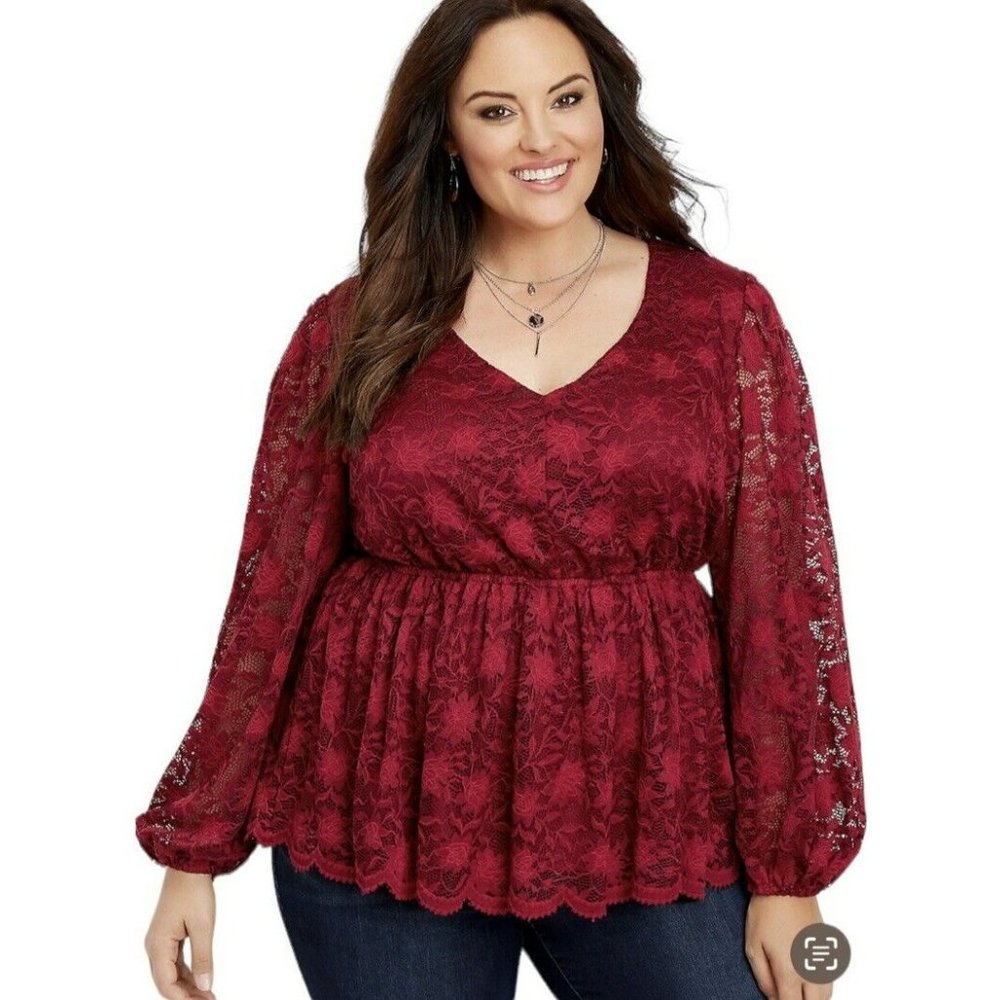 maurices Plus Size 2 Maroon Lace V Neck L/Slv Stretchable Blouse Tunic Top